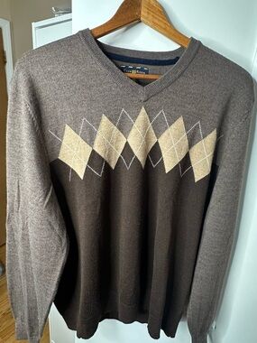 Club Room 52% Merino Wool Blend Argyle V-Neck Sweater Brown Beige